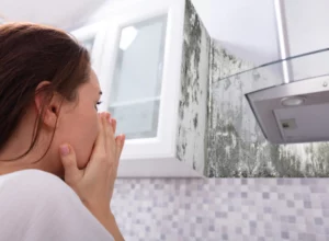 woman looking at molds on the wall