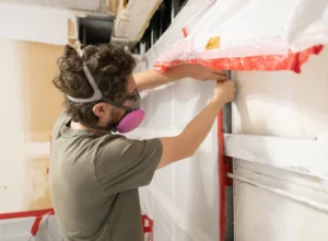 worker wearing respirator for mold inspection